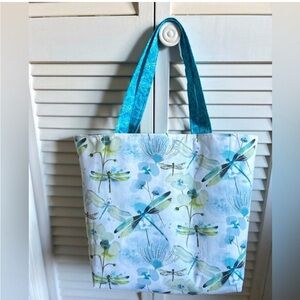 Handmade Dragonfly Print Tote Bag Colorful All Purpose Market Shoulder Purse